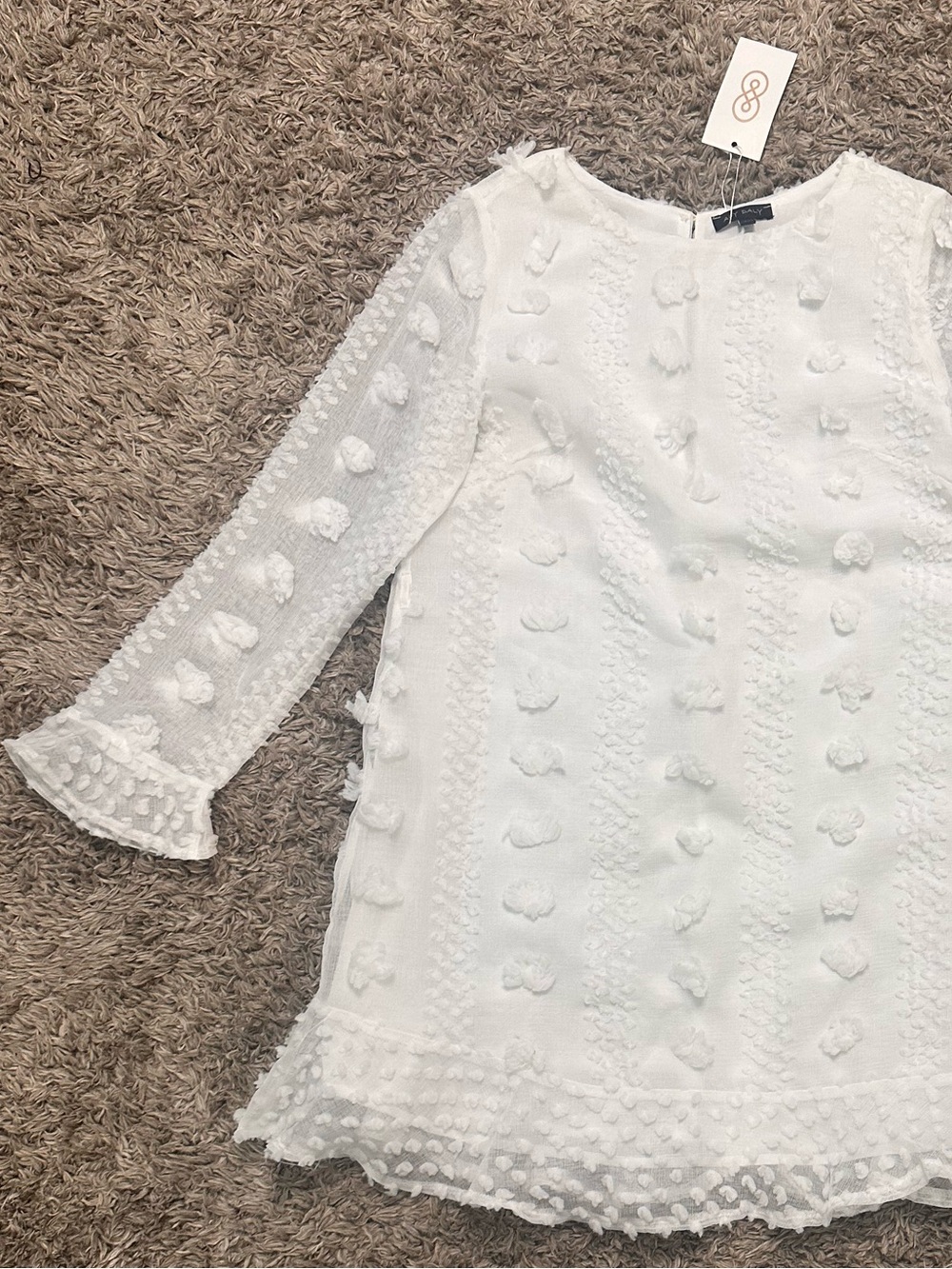 ALY DALY - White Pom-Trim Long Sleeve Dress